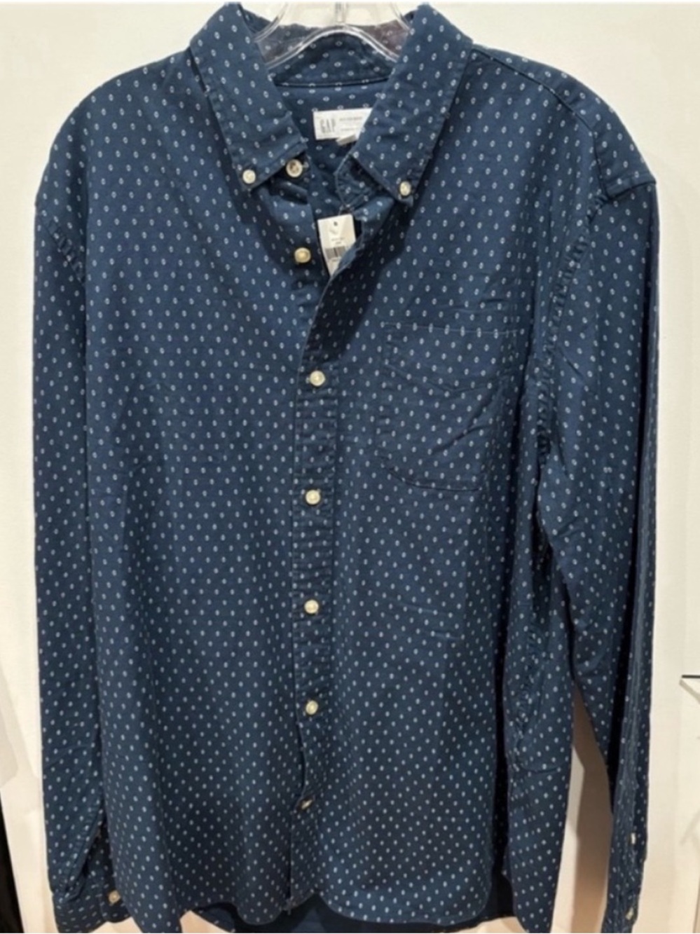 GAP NEW Mens Cotton Button Down Shirt Navy White Patterned Long Sleeve Casual L